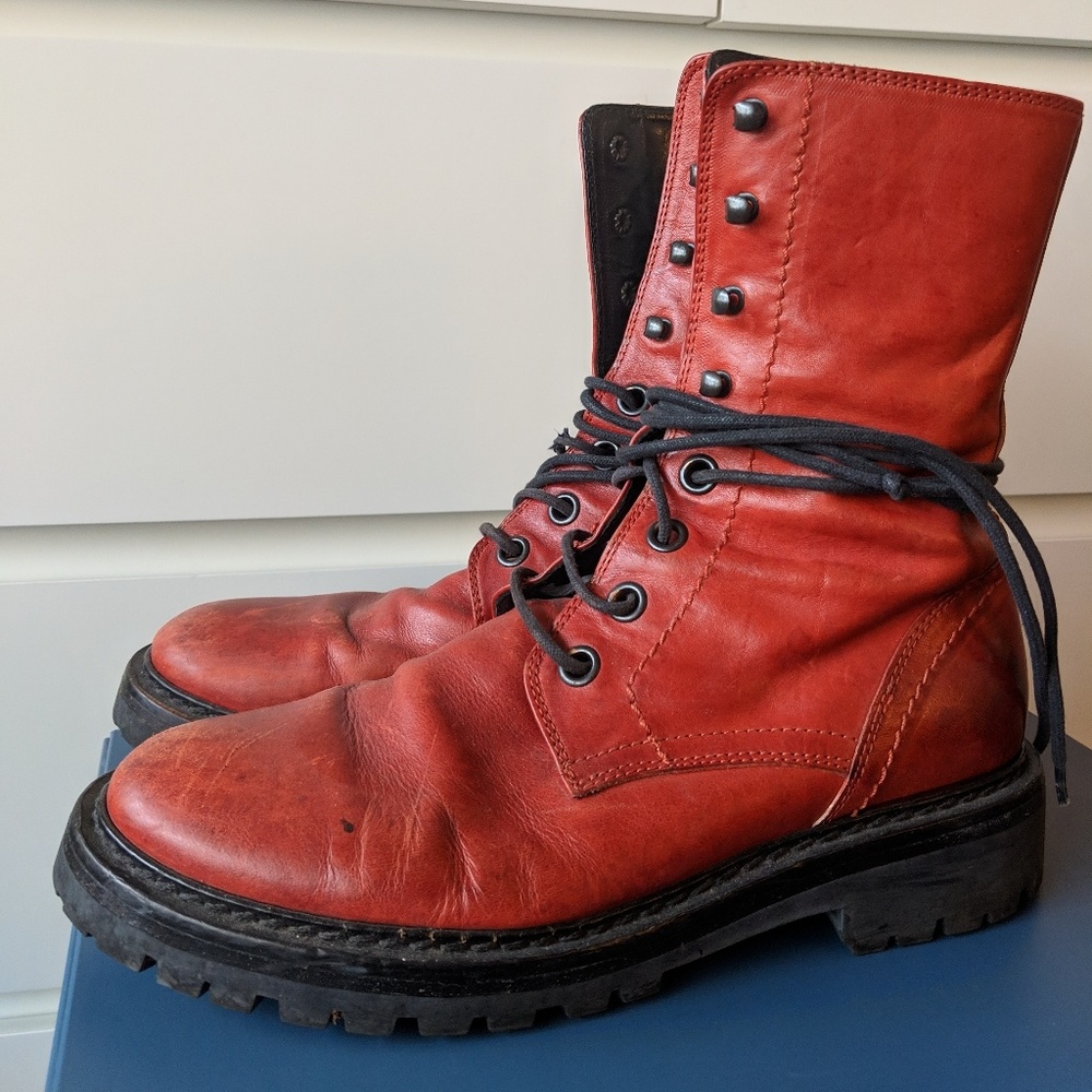 Ann Demeulemeester red lace up combat boots
